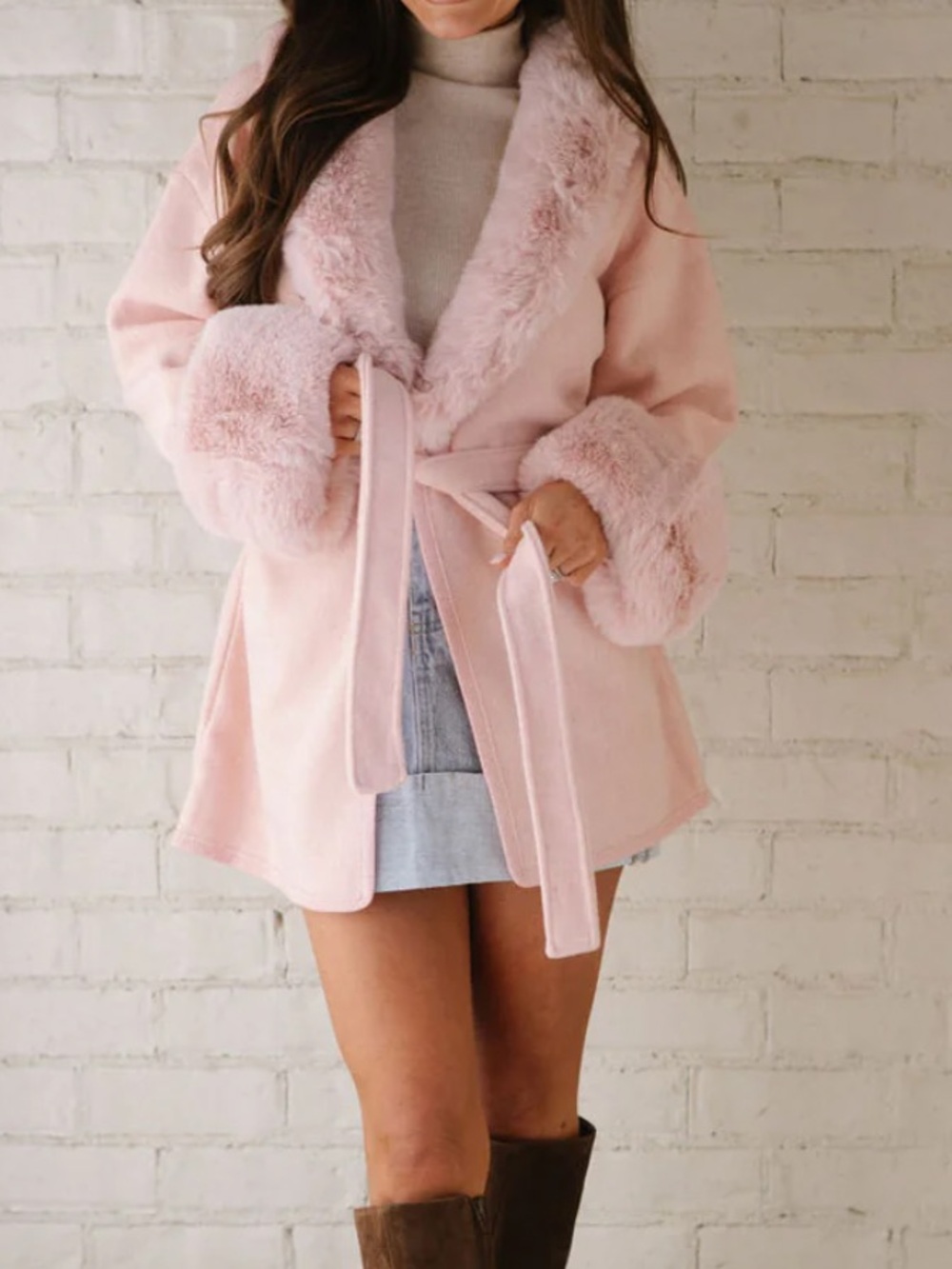Pink Faux Fur Trimmed Women's Coat